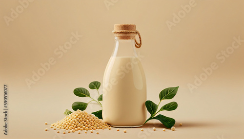 bottle of vegan milk with plant leaves on background with copy space 