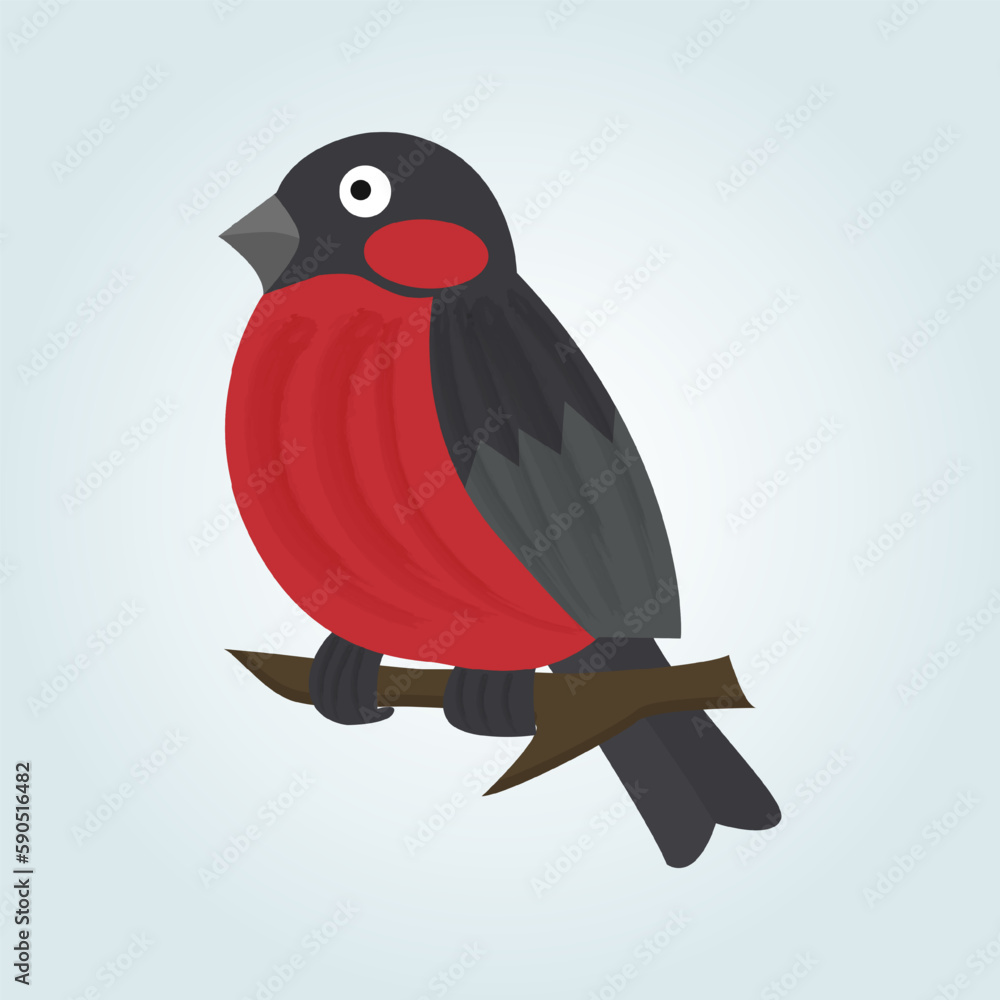 Fototapeta premium Vector cute bullfinch on a tree branch. Vector element for greeting card or christmas celebration banner