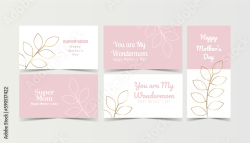 Mothers day, set of greeting card template with abstract golden art background and botanical palm leaves Vector illustration.	