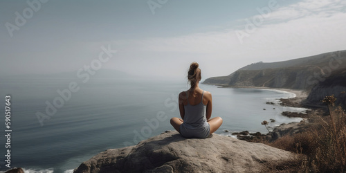 Young woman practicing yoga to the sea. Harmony, meditation, healthy lifestyle, relaxation, yoga, self care, mindfulness concept
