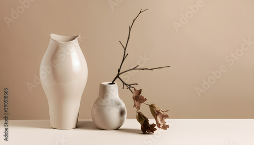 white ceramic vase,Minimalist monochrome still life composition with ceramic vase and autumn branch in beige color, Ai generated 
