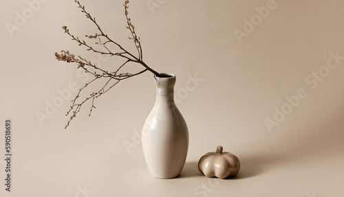 Minimalist monochrome still life composition with ceramic vase and autumn branch in beige color, Ai generated 