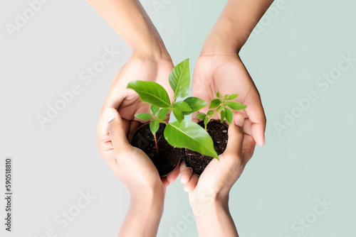 Hand hold plant, save the environment campaign isolated on green pastel background. Created with Generative AI Technology