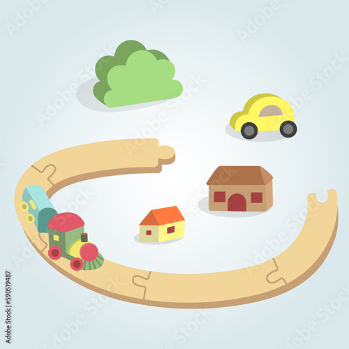 Vector railway cartoon. Illustration of a cute toys, train, car, houses, bush. Children toys