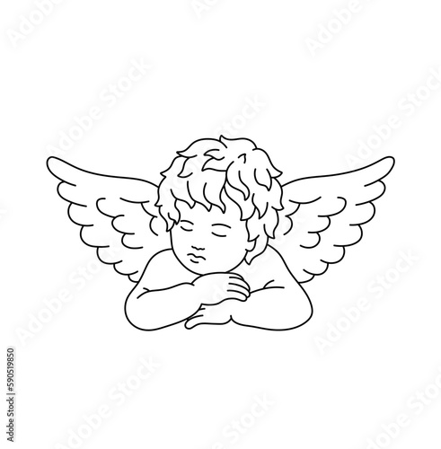 Vector isolated one single sitting sleeping curly boy angel cupid pose closed eyes colorless black and white contour line easy drawing