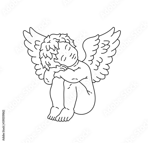 Vector isolated one single sitting sleeping curly boy angel cupid pose closed eyes colorless black and white contour line easy drawing