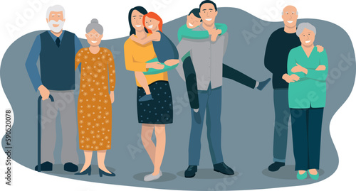 illustration vectorielle représentant un groupe de personnages, une famille composée de plusieurs générations, grands parents, enfants et petits enfants	