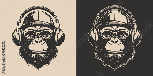 Set of vintage retro funky monkeys. Can be used for logo, emblem, poster, dadge design. Monochrome Graphic Art. Engraving vector illustration.