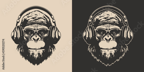 Set of vintage retro funky monkeys. Can be used for logo, emblem, poster, dadge design. Monochrome Graphic Art. Engraving vector illustration.