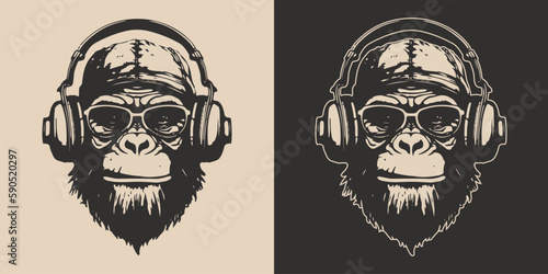 Set of vintage retro funky monkeys. Can be used for logo, emblem, poster, dadge design. Monochrome Graphic Art. Engraving vector illustration.