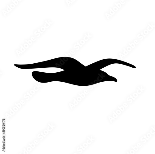 Vector isolated one single flying seagull with wings side view colorless black and white outline silhouette shadow shape