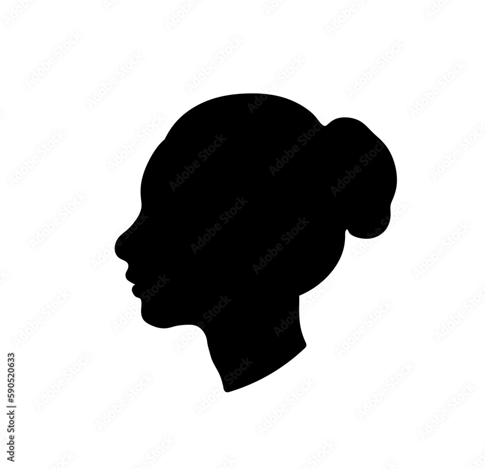 Vector isolated woman head with bun hairstyle profile portrait side view colorless black and white outline silhouette shadow shape Vector isolated woman head with bun hairstyle profile portrait side view colorless black and white outline silhouette shadow shape