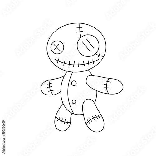 Vector isolated one single scary children soft textile toy scarecrow horror story colorless black and white contour line easy drawing