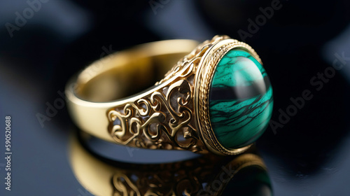 Ring with malachite stone set in gold. ma013# Created with Generative AI
