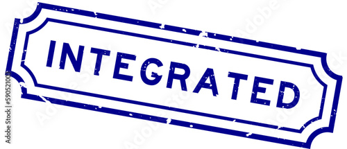 Grunge blue integrated word rubber seal stamp on white background
