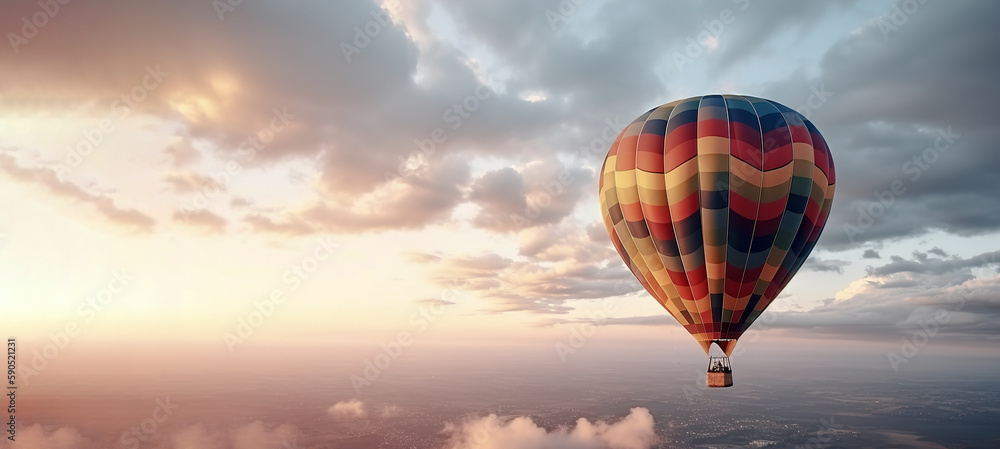 Obraz premium Colorful hot air balloon close-up against the background of a beautiful sky in the clouds, a banner, a place for text. AI generated