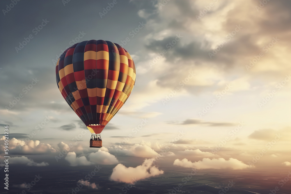 Colorful hot air balloon close-up on the background of a beautiful sky in the clouds. AI generated