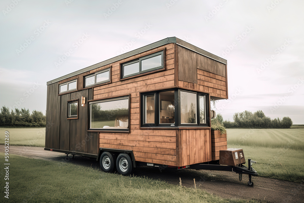 A modern mobile home in a beautiful landscape. AI generated