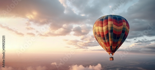 Colorful hot air balloon close-up against the background of a beautiful sky in the clouds  a banner  a place for text. AI generated