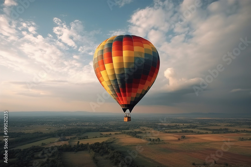 Colorful hot air balloon close-up on the background of a beautiful sky in the clouds. AI generated © Daria17