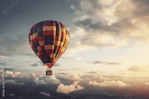 Colorful hot air balloon close-up on the background of a beautiful sky in the clouds. AI generated