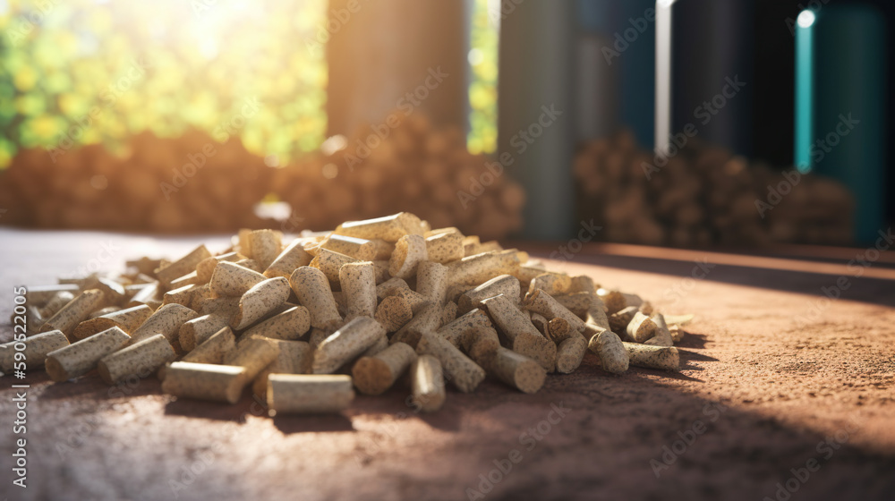 Ground level of heap of compressed wood pellets stacked on floor near