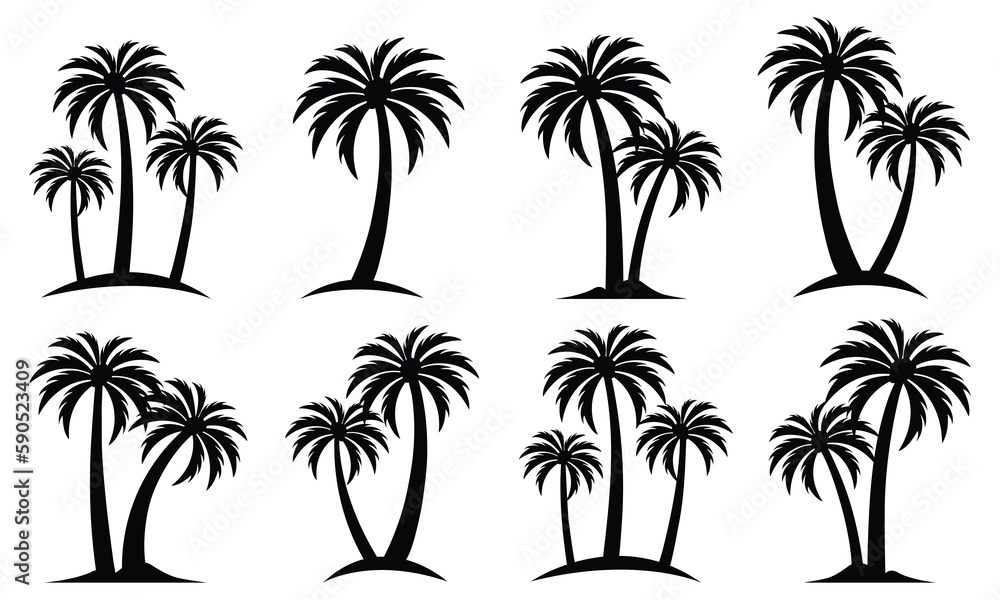 Black Palm Trees Set Isolated On White Background. Palm Silhouettes