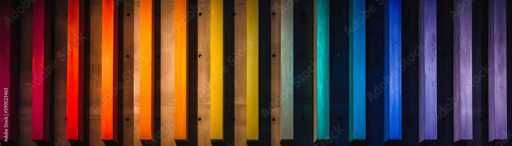 A concrete wall with rainbow colored wooden bars. Spectrum of colors. Eye catching abstract background for something creative. Generative AI. A concrete wall with rainbow colored wooden bars. Spectrum of colors. Eye catching abstract background for something creative. Generative AI.