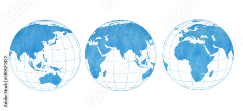 watercolor earth globe icons. earth hemispheres with continents. photo