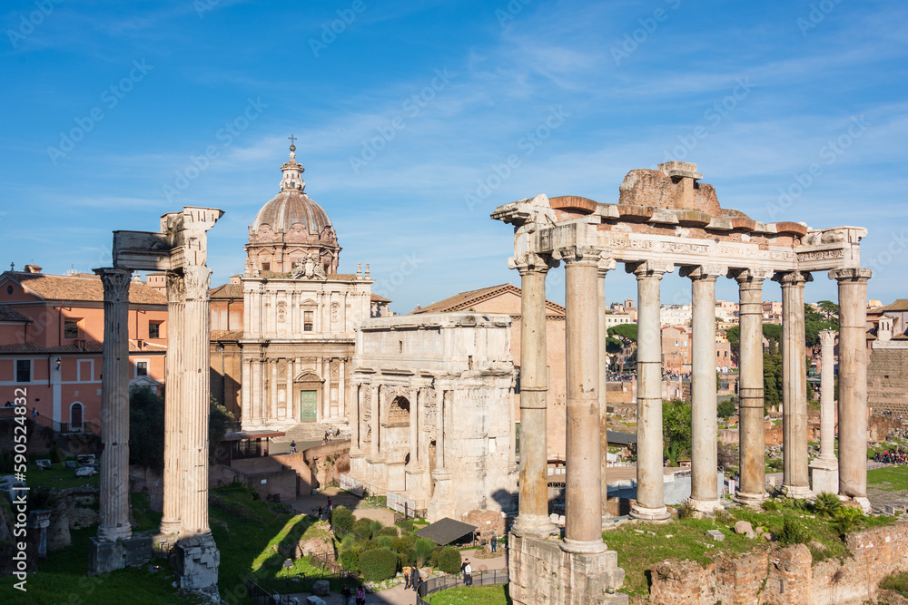 Rom, Italien, Apr. 2023 Die Ausgrabungsstätte Forum Romanum das ehemalige Machtzentrum des Römischen Imperiums