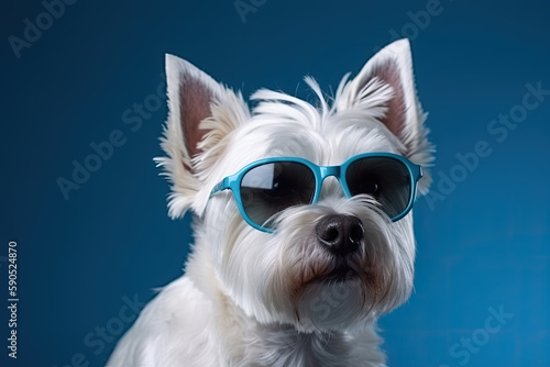 Cute white fluffy dog in sunglasses on blue background, created with Generative AI © sommersby
