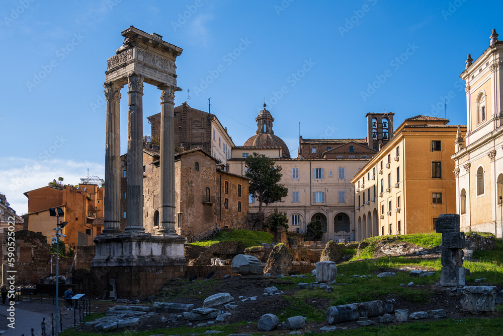Rom, Italien, Apr. 2023 Ausgrabungsstätte Portico d'Ottavia aus der Römerzeit im Jüdischen Viertel