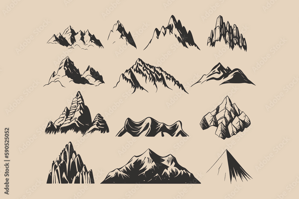 Fototapeta premium Set of vintage retro mountains. Can be used for logo, emblem, badge or poster. Engraving style. Monochrome graphic