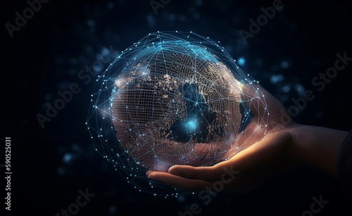 hand holding a globe with world network information exchange 