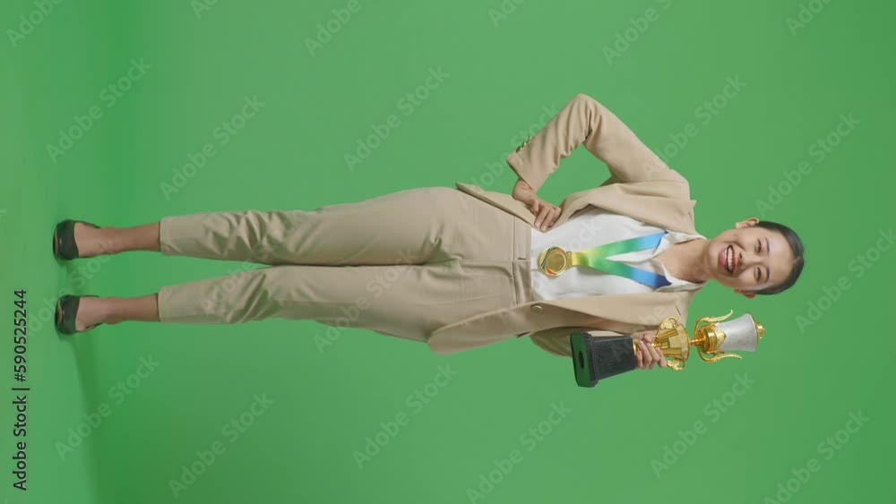 Full Body Of Asian Business Woman In A Suit With A Gold Medal And ...