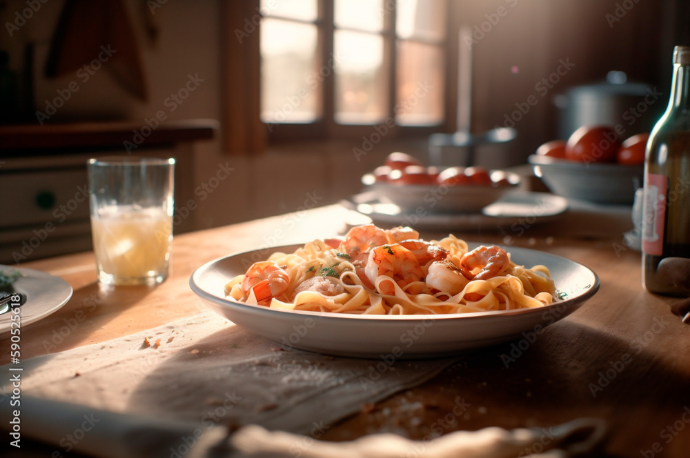 A delicious shrimp dish with fettuccine pasta on a kitchen table. AI generated A delicious shrimp dish with fettuccine pasta on a kitchen table. AI generated