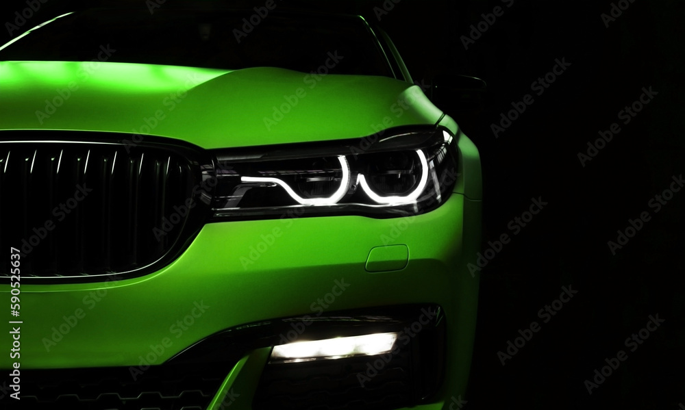 Los Angeles, California; April 02, 2023 green BMW 7 car with M Performance package matte. Close