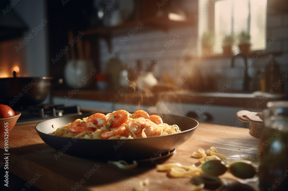 A delicious shrimp dish with fettuccine pasta on a kitchen table. AI generated
