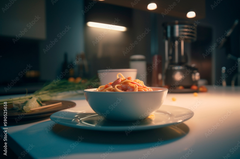 A delicious shrimp dish with fettuccine pasta on a kitchen table. AI generated A delicious shrimp dish with fettuccine pasta on a kitchen table. AI generated
