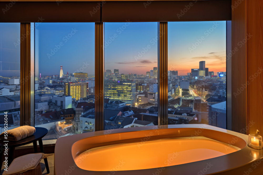 A modern bathroom with a great view of the metropolis, Generative AI