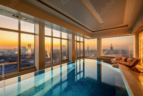 A room with a pool with a great view of the metropolis, Generative AI © HiroSund