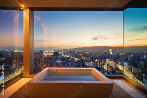 A room with a pool with a great view of the metropolis  Generative AI