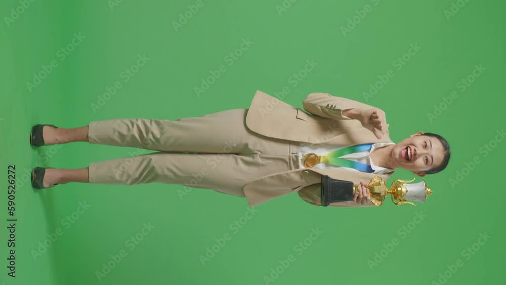 Video „Full Body Of Asian Business Woman In A Suit With A Gold Medal ...