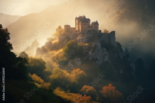 sunset over the castle created with Generative AI technology
