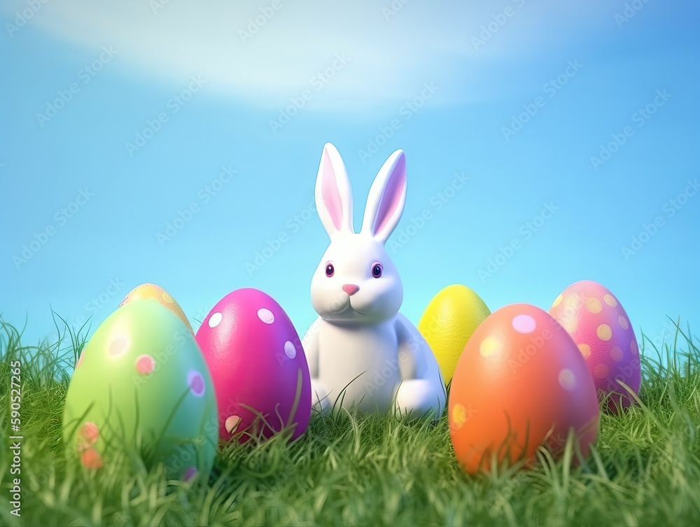 Little Bunny In Basket With Decorated Easter Eggs. Easter concept. Generative AI