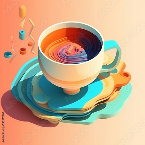 cup of coffee Isometric art of a cup of coffee with creativity and ideas flowing  dreamy summer color palette aestehtic  minimal design  Created using by generative AI