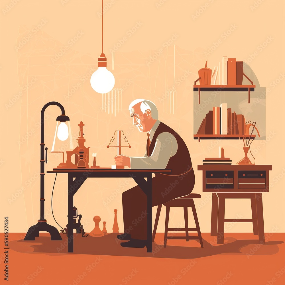 Flat illustration of Thomas Edison in his laboratory, inventing the ...