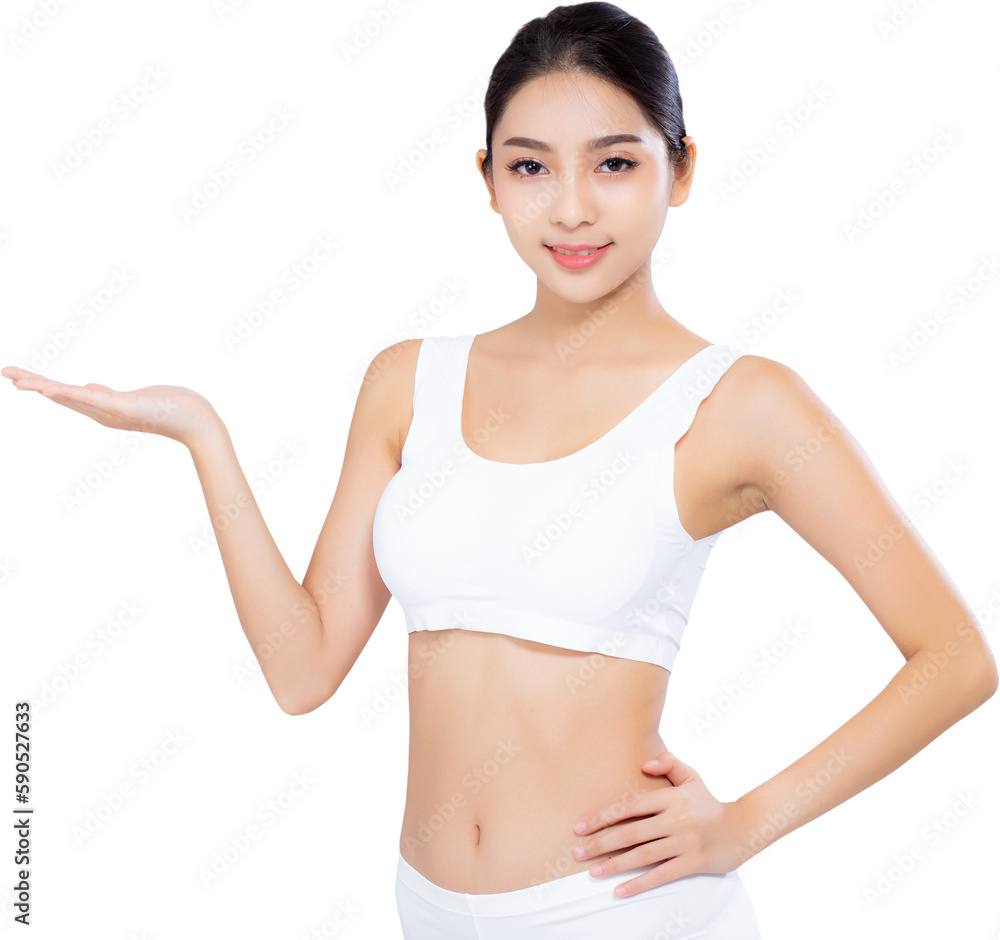 Portrait young asian woman smiling beautiful body diet with fit presenting something empty copy space on the hand, model girl weight slim with cellulite or calories, health and wellness concept. Portrait young asian woman smiling beautiful body diet with fit presenting something empty copy space on the hand, model girl weight slim with cellulite or calories, health and wellness concept.
