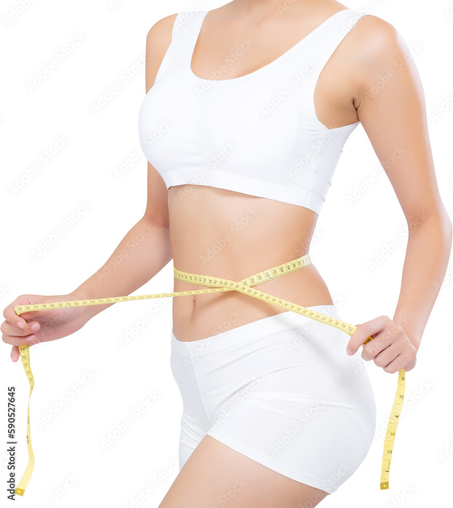 beautiful portrait asian woman diet and slim with measuring waist for weight, girl have cellulite and calories loss with tape measure, health and wellness concept. - obrazy, fototapety, plakaty 