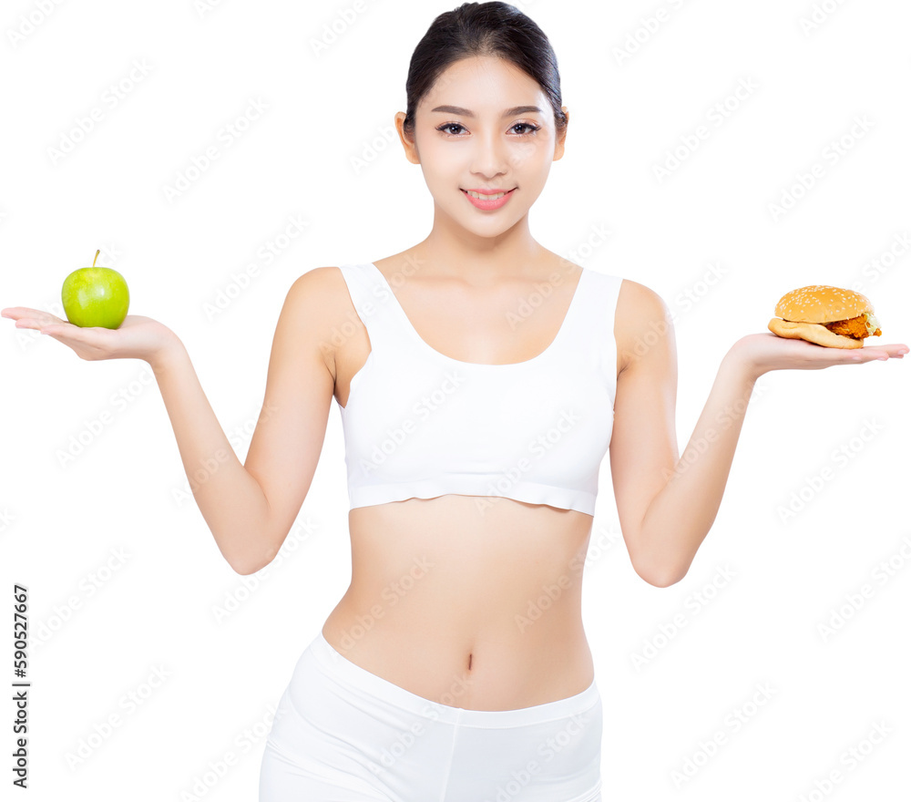 Beautiful young asian woman slim shape with diet choosing fresh salad vegetable and hamburger, food healthy with control for weight loss with calories, nutrition and lifestyle concept. Beautiful young asian woman slim shape with diet choosing fresh salad vegetable and hamburger, food healthy with control for weight loss with calories, nutrition and lifestyle concept.